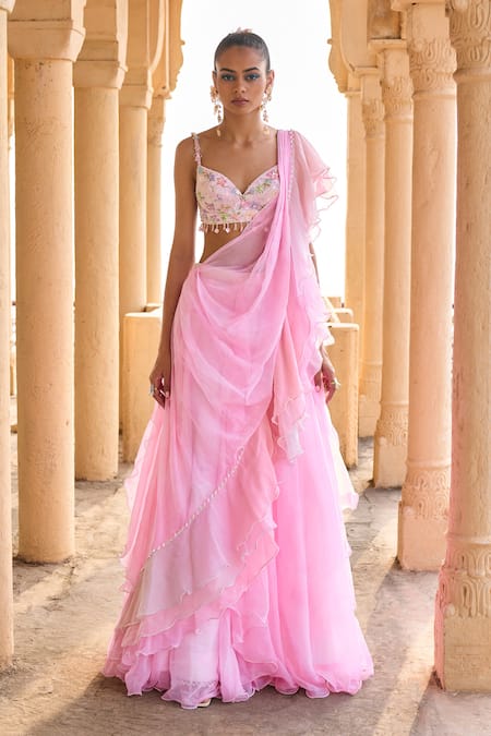 Buy_Lashkaraa_Pink Chiffon, Satin, Velvet Sequins, Beads, Cut Ruffle Trim Pre-draped Saree Set _Online_at_Aza_Fashions