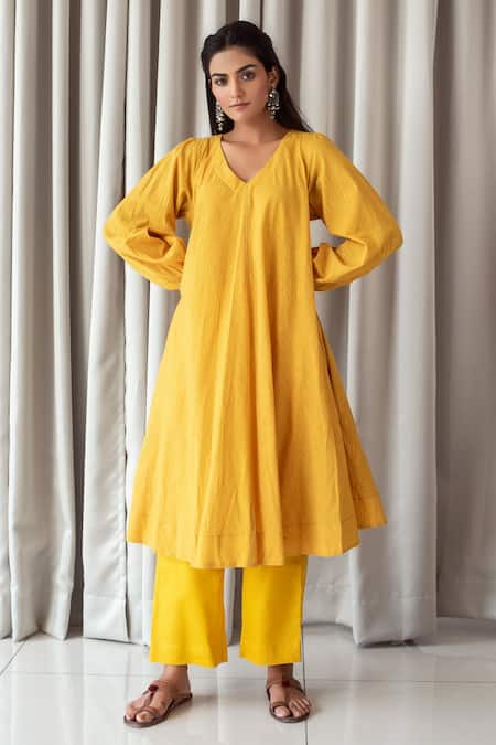 Taro Yellow Handwoven Cotton V Neck Zari Striped Anarkali And Pant Set Online at Aza Fashions Taro_Yellow Handwoven Cotton V Neck Zari Striped Anarkali And Pant Set _Online_at_Aza_Fashions
