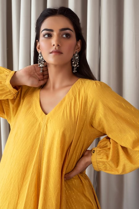 Buy Taro Yellow Handwoven Cotton V Neck Zari Striped Anarkali And Pant Set Online at Aza Fashions Buy_Taro_Yellow Handwoven Cotton V Neck Zari Striped Anarkali And Pant Set _Online_at_Aza_Fashions