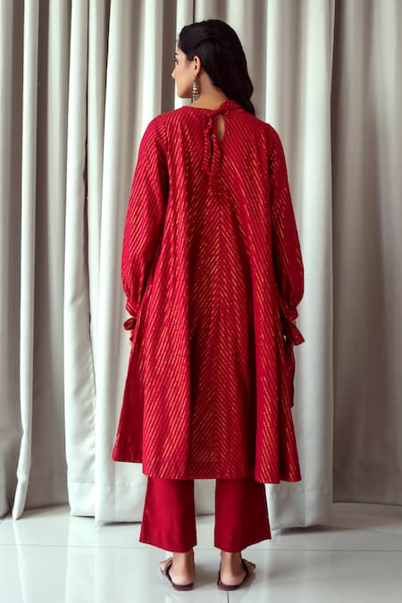 Shop_Taro_Red Handwoven Cotton Round Zari Striped Anarkali And Pant Set _at_Aza_Fashions