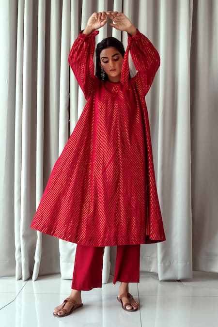 Buy_Taro_Red Handwoven Cotton Round Zari Striped Anarkali And Pant Set _Online_at_Aza_Fashions