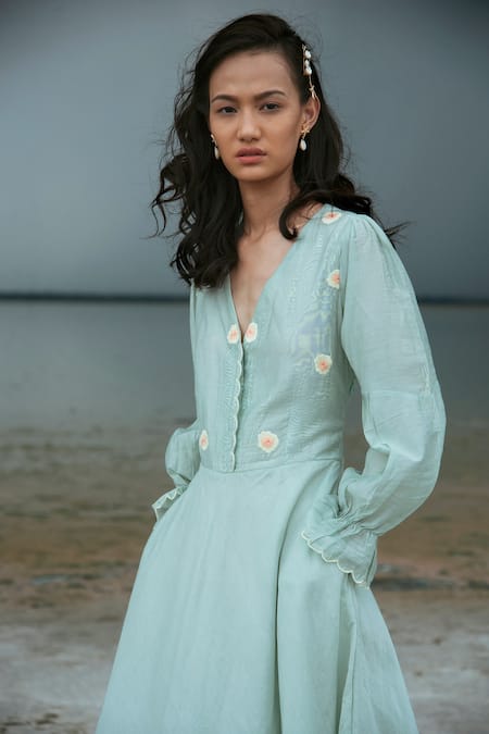 The Loom Art Green Chanderi Silk V Neck Dress