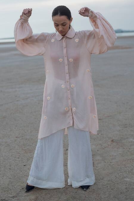 Buy_The Loom Art_Pink Handwoven Cotton Silk Peter Pan Hand Embroidered Tunic _Online_at_Aza_Fashions