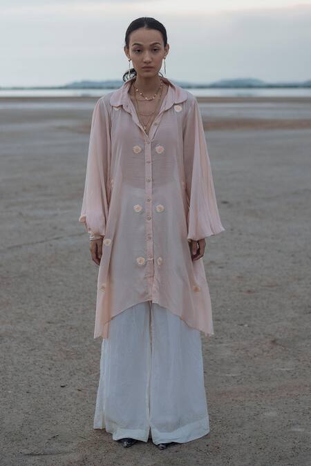 The Loom Art_Pink Handwoven Cotton Silk Peter Pan Hand Embroidered Tunic _Online_at_Aza_Fashions