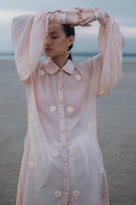 Shop_The Loom Art_Pink Handwoven Cotton Silk Peter Pan Hand Embroidered Tunic _Online_at_Aza_Fashions