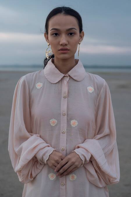 The Loom Art_Pink Handwoven Cotton Silk Peter Pan Hand Embroidered Tunic _at_Aza_Fashions