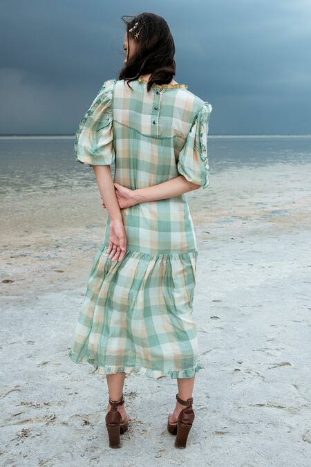 Shop The Loom Art Yellow Handwoven Silk Round Checkered Dress at Aza Fashions Shop_The Loom Art_Yellow Handwoven Silk Round Checkered Dress _at_Aza_Fashions