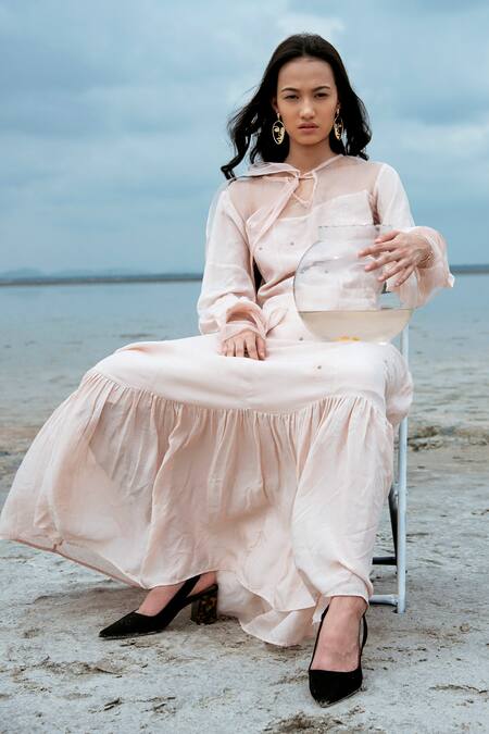 The Loom Art Pink Cotton , Organza Round Maxi Dress Online at Aza Fashions The Loom Art_Pink Cotton , Organza Round Maxi Dress _Online_at_Aza_Fashions