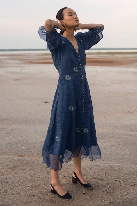 The Loom Art Blue Handwoven Cotton Midi Dress