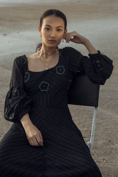 The Loom Art Black Pure Handwoven Silk Scoop Neck Embroidered Dress Online at Aza Fashions The Loom Art_Black Pure Handwoven Silk Scoop Neck Embroidered Dress _Online_at_Aza_Fashions