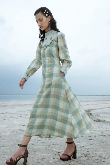 The Loom Art Green Pure Handwoven Silk High Neck Checkered Dress 