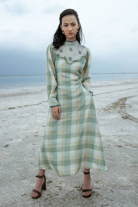 The Loom Art Green Pure Handwoven Silk High Neck Checkered Dress Online at Aza Fashions The Loom Art_Green Pure Handwoven Silk High Neck Checkered Dress _Online_at_Aza_Fashions