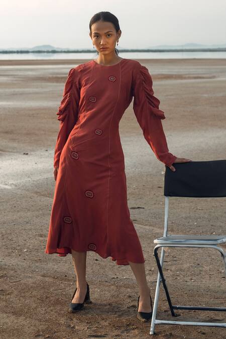 The Loom Art_Red Cotton Silk Round Embroidered Midi Dress _Online_at_Aza_Fashions