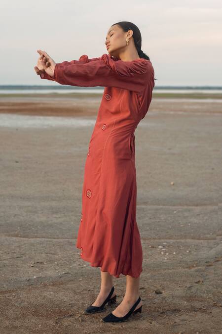 Buy_The Loom Art_Red Cotton Silk Round Embroidered Midi Dress _Online_at_Aza_Fashions