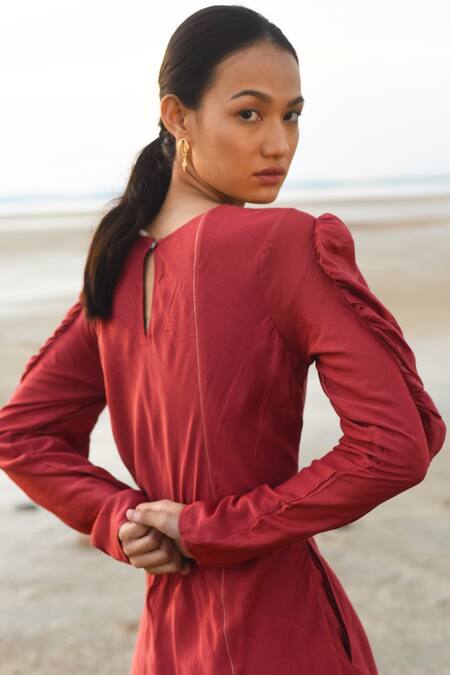 Shop_The Loom Art_Red Cotton Silk Round Embroidered Midi Dress _Online_at_Aza_Fashions