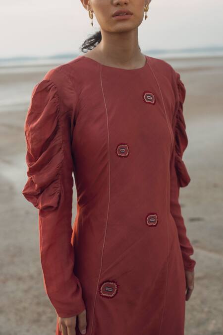 The Loom Art_Red Cotton Silk Round Embroidered Midi Dress _at_Aza_Fashions