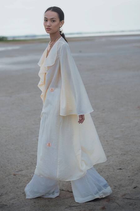 The Loom Art_Yellow Chanderi Silk V Neck Embroidered Tunic _Online_at_Aza_Fashions