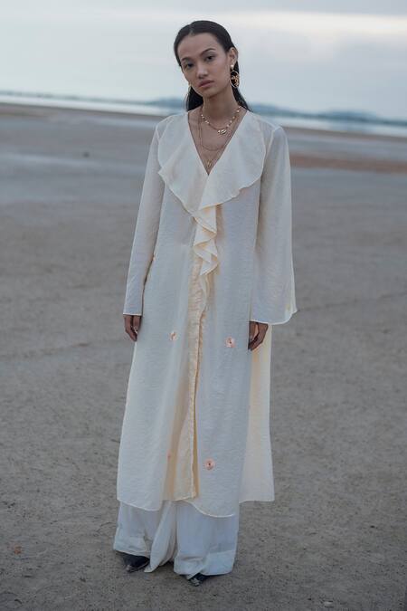 Buy_The Loom Art_Yellow Chanderi Silk V Neck Embroidered Tunic _Online_at_Aza_Fashions