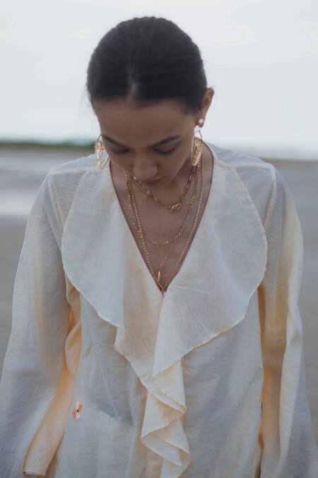 Shop_The Loom Art_Yellow Chanderi Silk V Neck Embroidered Tunic _Online_at_Aza_Fashions