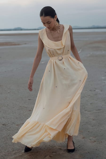 The Loom Art Yellow Handwoven Cotton Silk Boat Maxi Dress
