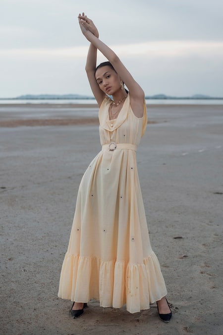The Loom Art Yellow Handwoven Cotton Silk Boat Maxi Dress Online at Aza Fashions The Loom Art_Yellow Handwoven Cotton Silk Boat Maxi Dress _Online_at_Aza_Fashions
