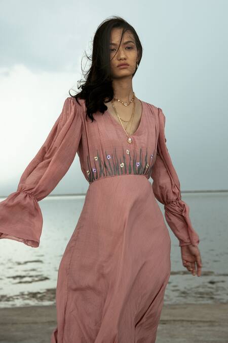 The Loom Art Pink Cotton Silk V Neck Embroidered Tiered Dress Online at Aza Fashions The Loom Art_Pink Cotton Silk V Neck Embroidered Tiered Dress _Online_at_Aza_Fashions