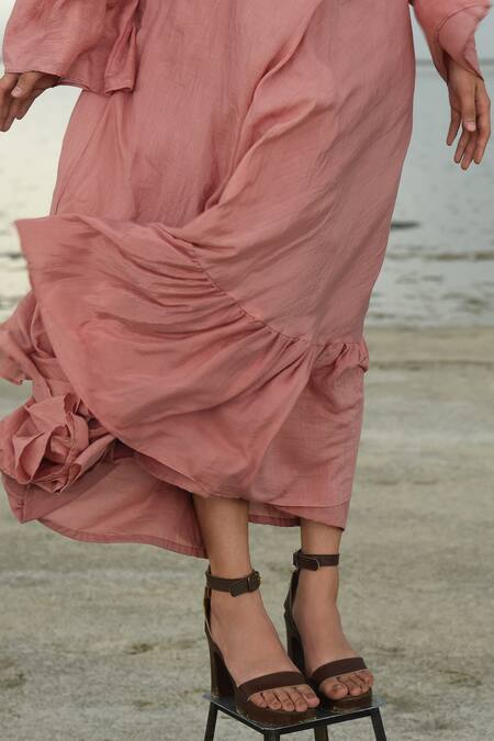 Shop_The Loom Art_Pink Cotton Silk V Neck Embroidered Tiered Dress _Online_at_Aza_Fashions