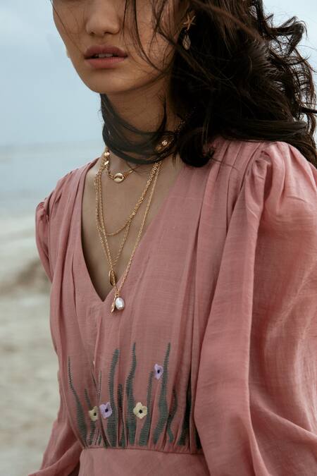 The Loom Art Pink Cotton Silk V Neck Embroidered Tiered Dress at Aza Fashions The Loom Art_Pink Cotton Silk V Neck Embroidered Tiered Dress _at_Aza_Fashions