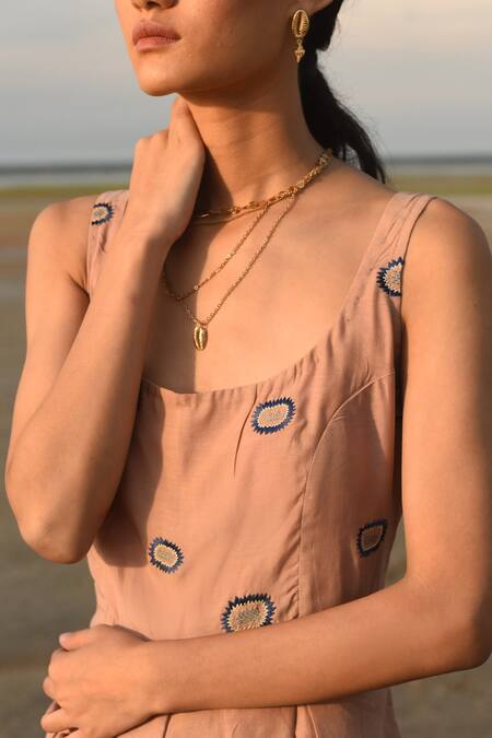 Shop_The Loom Art_Beige Cotton Silk Boat Embroidered Jumpsuit _Online_at_Aza_Fashions