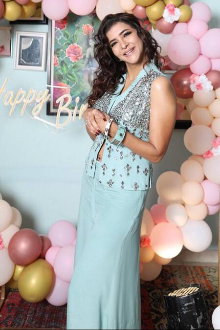 Buy_Samatvam By Anjali Bhaskar_Blue Crepe V Neck Embroidered Jacket And Palazzo Set_Online_at_Aza_Fashions