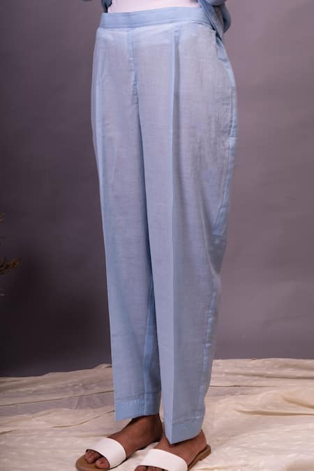 Tashee_Blue Cotton Floral Block Prints V Neck Gathered Kurta And Pant Set_at_Aza_Fashions