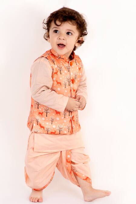 Little Bansi Peach Cotton Printed Bundi And Kurta Set Online at Aza Fashions Little Bansi_Peach Cotton Printed Bundi And Kurta Set _Online_at_Aza_Fashions