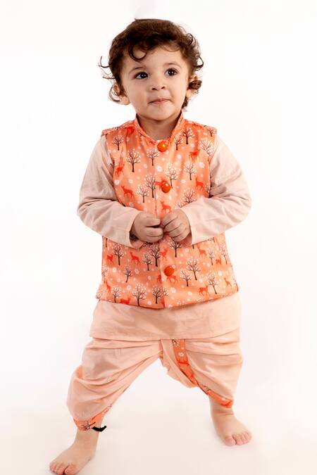 Buy Little Bansi Peach Cotton Printed Bundi And Kurta Set Online at Aza Fashions Buy_Little Bansi_Peach Cotton Printed Bundi And Kurta Set _Online_at_Aza_Fashions