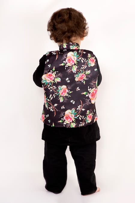 Shop Little Bansi Black Cotton Embroidery Floral Printed Bundi Set at Aza Fashions Shop_Little Bansi_Black Cotton Embroidery Floral Printed Bundi Set _at_Aza_Fashions