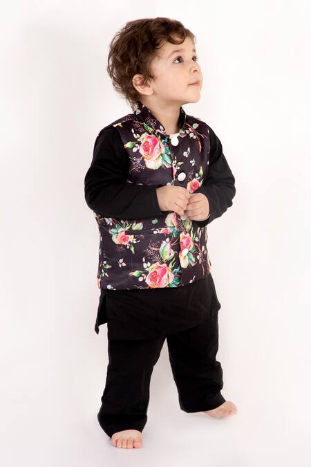 Buy Little Bansi Black Cotton Embroidery Floral Printed Bundi Set Online at Aza Fashions Buy_Little Bansi_Black Cotton Embroidery Floral Printed Bundi Set _Online_at_Aza_Fashions