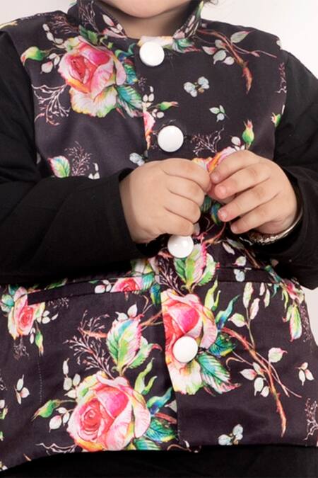 Shop Little Bansi Black Cotton Embroidery Floral Printed Bundi Set Online at Aza Fashions Shop_Little Bansi_Black Cotton Embroidery Floral Printed Bundi Set _Online_at_Aza_Fashions