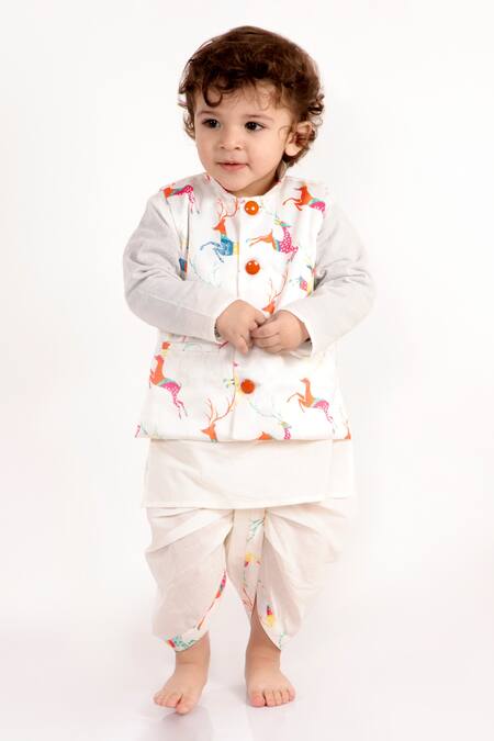 Little Bansi White Cotton Printed Bundi And Kurta Set Online at Aza Fashions Little Bansi_White Cotton Printed Bundi And Kurta Set _Online_at_Aza_Fashions