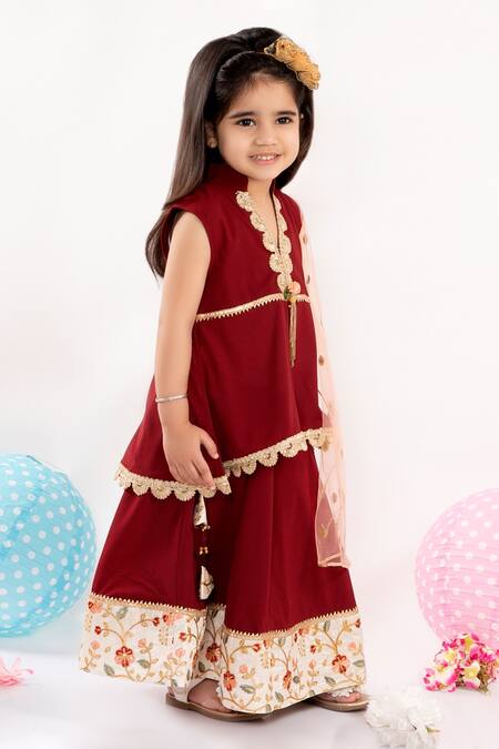 Little Bansi_Maroon 100% Georgette Lace Embroidered Kurta Lehenga Set_Online_at_Aza_Fashions