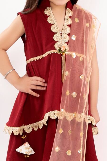 Buy_Little Bansi_Maroon 100% Georgette Lace Embroidered Kurta Lehenga Set_Online_at_Aza_Fashions