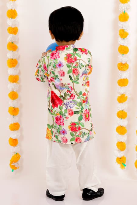 Shop_Little Bansi_Beige Cotton Embroidery Floral Print Kurta Set _at_Aza_Fashions