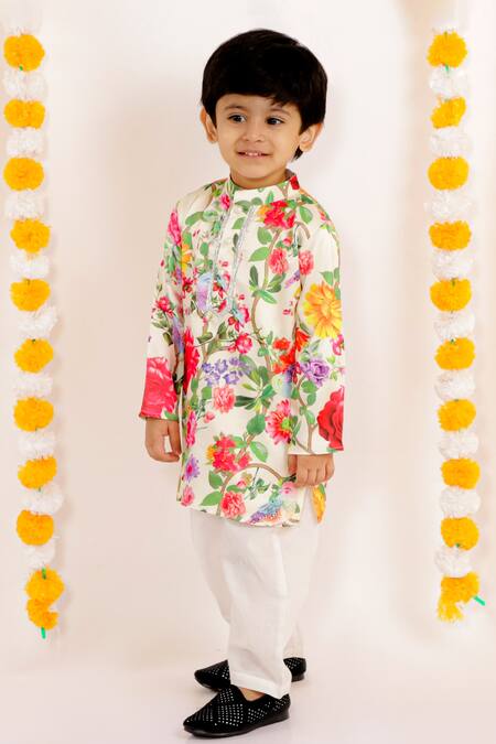 Little Bansi_Beige Cotton Embroidery Floral Print Kurta Set _Online_at_Aza_Fashions