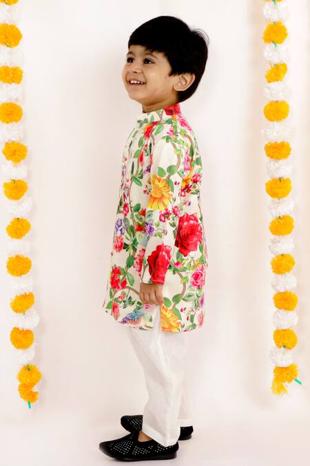Buy_Little Bansi_Beige Cotton Embroidery Floral Print Kurta Set _Online_at_Aza_Fashions