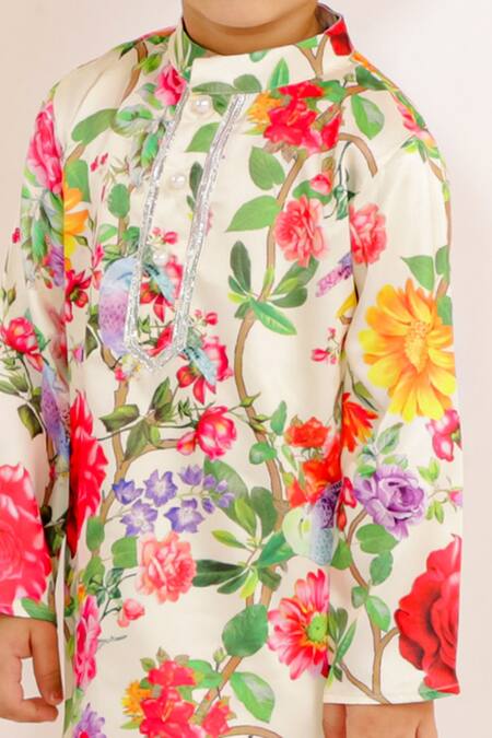 Shop_Little Bansi_Beige Cotton Embroidery Floral Print Kurta Set _Online_at_Aza_Fashions