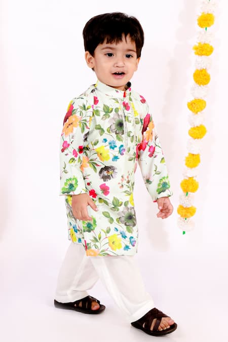 Little Bansi Green 50% Cotton Silk Printed Floral Kurta Set 