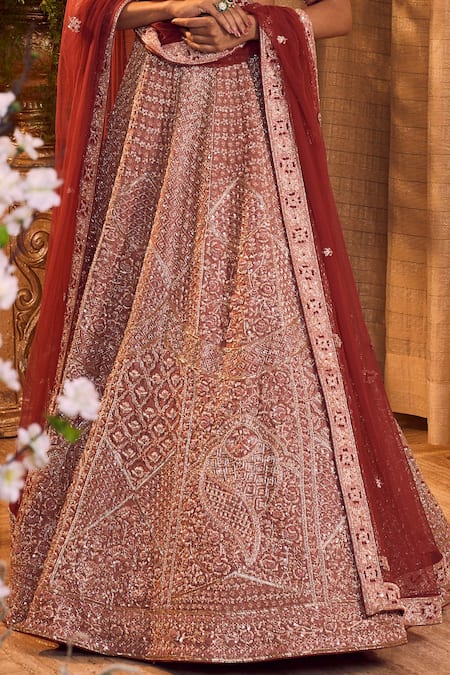 Jigar & Nikita_Maroon Silk Zardozi Plunge V Neck Floral Embroidered Bridal Lehenga Set _Online_at_Aza_Fashions