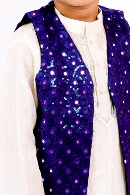 Shop_Little Bansi_Blue Cotton Mirrors, Sequins Embroidered Kurta Set _Online_at_Aza_Fashions