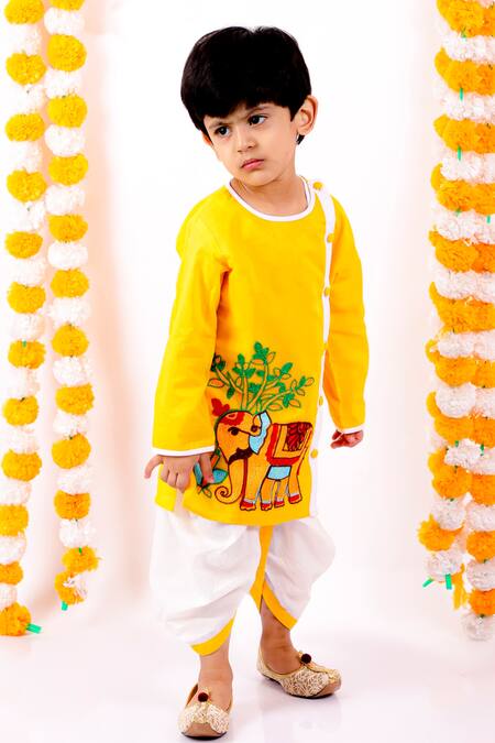 Little Bansi_Yellow Cotton Embroidery Kurta And Dhoti Pant Set _Online_at_Aza_Fashions