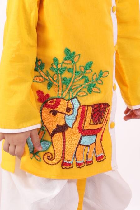 Shop_Little Bansi_Yellow Cotton Embroidery Kurta And Dhoti Pant Set _Online_at_Aza_Fashions