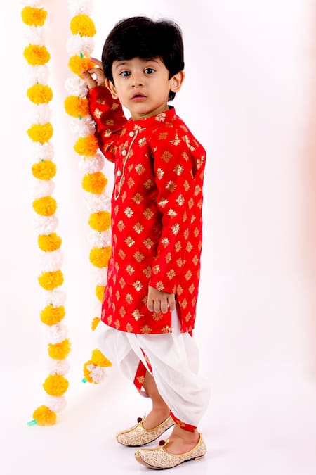 Little Bansi_Red Cotton, Silk Embroidery Floral Woven Kurta And Dhoti Pant Set _Online_at_Aza_Fashions