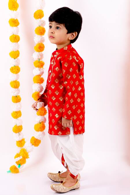 Buy_Little Bansi_Red Cotton, Silk Embroidery Floral Woven Kurta And Dhoti Pant Set _Online_at_Aza_Fashions